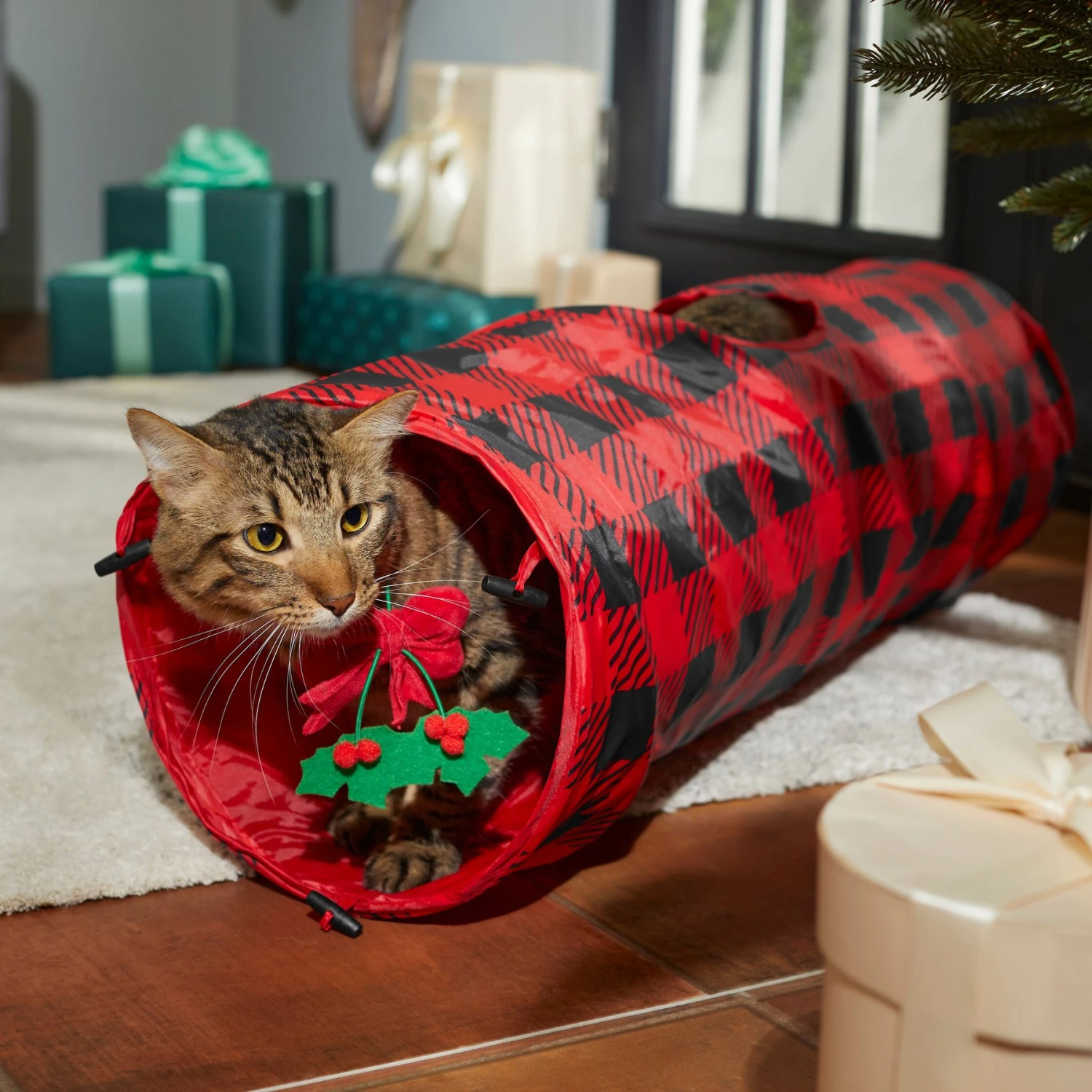 Frisco Holiday Buffalo Plaid Foldable Play Tunnel Cat Toy with Catnip