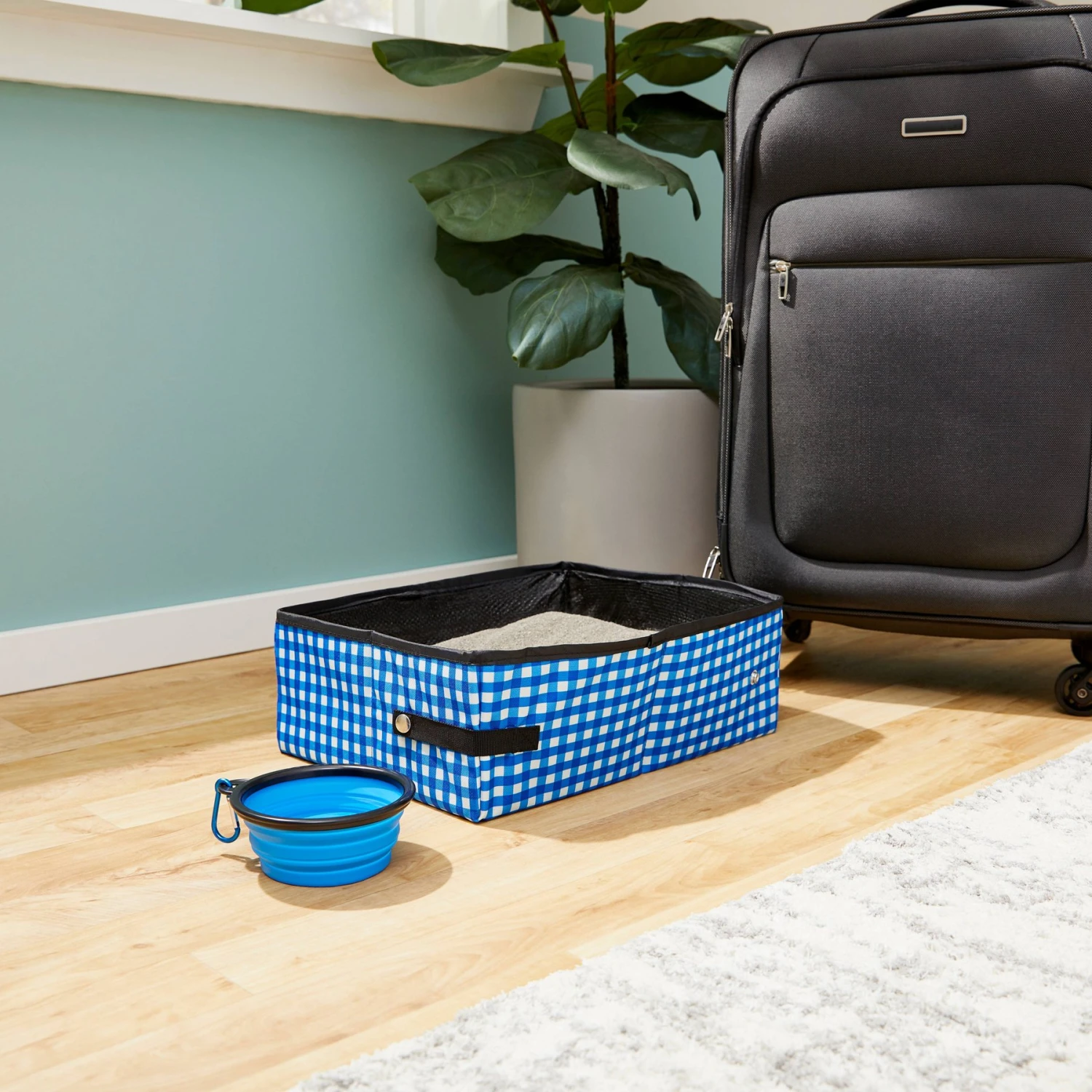 Frisco Travel Safety Dog & Cat Carrier & Pet Fit For Life Collapsible Portable Litter Box with Collapsible Bowl