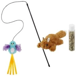 Frisco Squirrel Plush Cat Toy With Refillable Catnip & Frisco Bird With Feathers Teaser Wand Cat Toy With Catnip