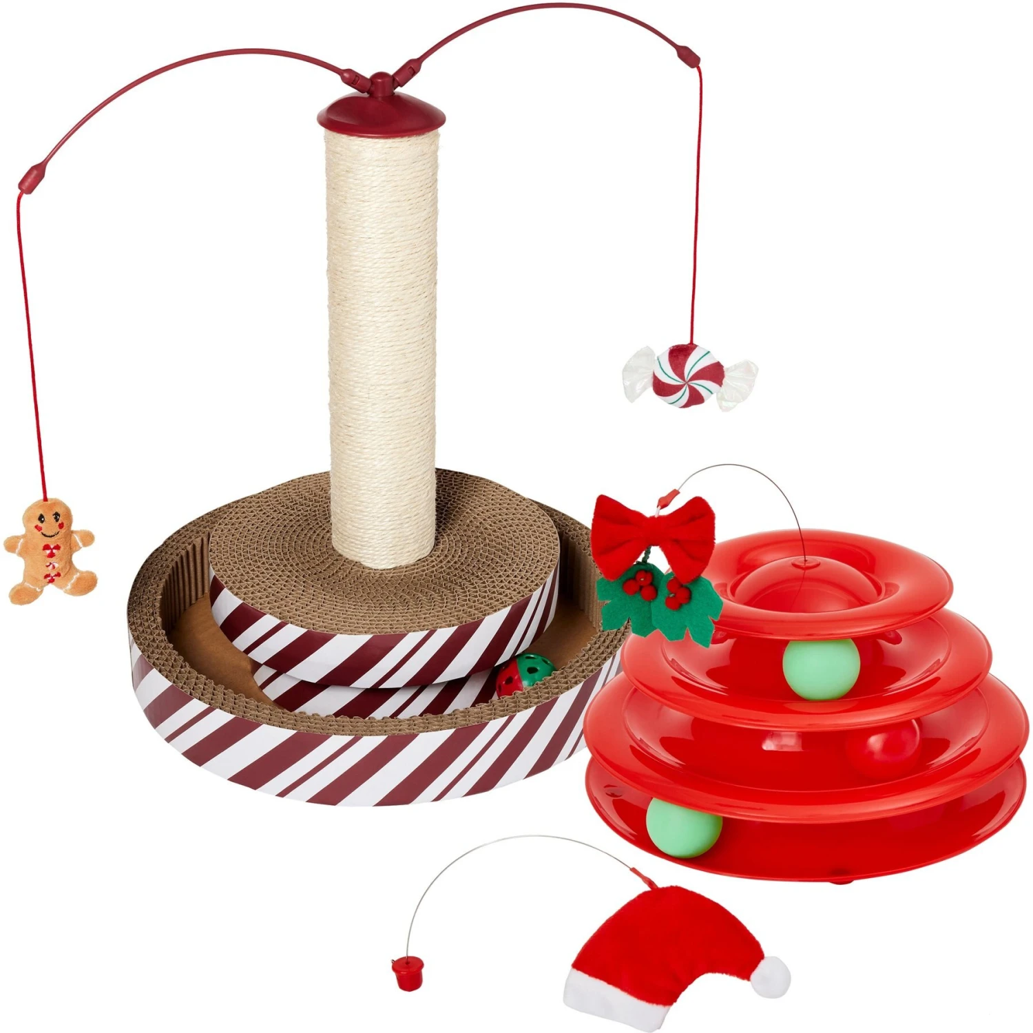 Frisco Holiday Santa Hat & Mistletoe Cat Tracks Cat Toy & Frisco Holiday Gingerbread Interactive Cat Scratcher Cat Toy with Catnip